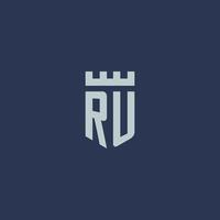 ru logo monogram met vesting kasteel en schild stijl ontwerp vector