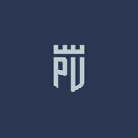 pu logo monogram met vesting kasteel en schild stijl ontwerp vector