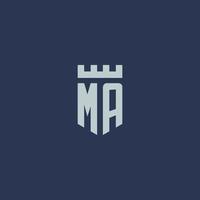 ma logo monogram met vesting kasteel en schild stijl ontwerp vector