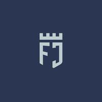 fj logo monogram met vesting kasteel en schild stijl ontwerp vector