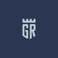 gr logo monogram met vesting kasteel en schild stijl ontwerp vector