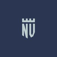 nv logo monogram met vesting kasteel en schild stijl ontwerp vector