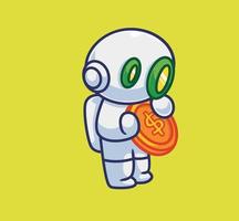 schattig astronaut robot Holding een geld munt dollar. geïsoleerd tekenfilm persoon illustratie. vlak stijl geschikt voor sticker icoon ontwerp premie logo vector