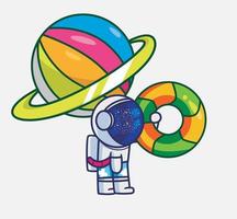 schattig astronaut brengen cirkel reddingsboei, kleurrijk planeet met ring. tekenfilm reizen vakantie vakantie zomer concept geïsoleerd illustratie. vlak stijl geschikt vector