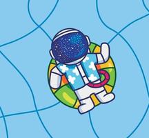 schattig astronaut zwemmen in privaat zwembad met reddingsboei vector