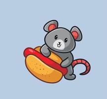 schattig muis krijgen een hotdog voor een diner. geïsoleerd tekenfilm dier natuur illustratie. vlak stijl geschikt voor sticker icoon ontwerp premie logo vector. mascotte karakter vector