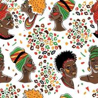 kwanzaa Afrikaanse Amerikaans mooi meisjes. vector illustratie van zwart vrouw met glanzend lippen en tulband. naadloos oppervlakte patroon geïsoleerd Aan wit.