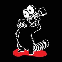 zwart en wit wasbeer tekenfilm brengen camera mascotte illustratie vector