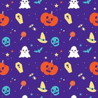 schattig gelukkig halloween tekenfilm naadloos patroon vector paars achtergrond geest, schedel, pompoen, jack O lantaarn, knuppel, zwart kat, spin web, kandelaar, lolly snoep, kist, heks hoed, boe, maan