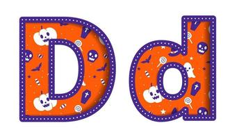 schattig gelukkig halloween d alfabet hoofdstad klein brief partij doopvont typografie karakter tekenfilm spookachtig verschrikking kleurrijk papier uitknippen type ontwerp viering vector illustratie schedel pompoen knuppel heks hoed