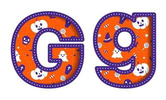 schattig gelukkig halloween g alfabet hoofdstad klein brief partij doopvont typografie karakter tekenfilm spookachtig verschrikking kleurrijk papier uitknippen type ontwerp viering vector illustratie schedel pompoen knuppel heks hoed