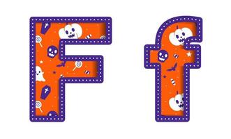 schattig gelukkig halloween f alfabet hoofdstad klein brief partij doopvont typografie karakter tekenfilm spookachtig verschrikking kleurrijk papier uitknippen type ontwerp viering vector illustratie schedel pompoen knuppel heks hoed