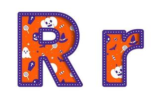 schattig gelukkig halloween r alfabet hoofdstad klein brief partij doopvont typografie karakter tekenfilm spookachtig verschrikking kleurrijk papier uitknippen type ontwerp viering vector illustratie schedel pompoen knuppel heks hoed