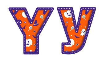 schattig gelukkig halloween y alfabet hoofdstad klein brief partij doopvont typografie karakter tekenfilm spookachtig verschrikking kleurrijk papier uitknippen type ontwerp viering vector illustratie schedel pompoen knuppel heks hoed