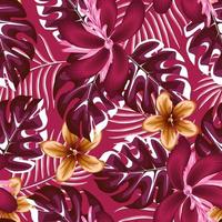 modieus neiging abstract naadloos patroon met kleurrijk tropisch planten bladeren en hibiscus, frangipani bloem gebladerte Aan roze achtergrond. oerwoud afdrukken. bloemen achtergrond. exotisch zomer. behang vector