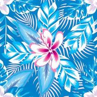 tropisch naadloos patroon met exotisch blauw planten bladeren en abstract roze hibiscus bloemen gebladerte Aan licht achtergrond. bloemen achtergrond. zomer ontwerp. modieus prints textuur. behang decor vector