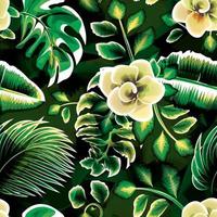 groen tropisch planten bladeren naadloos patroon met abstract structuur Aan nacht achtergrond. beige bloemen achtergrond. banaan bladeren en kokosnoot blad behang. exotisch keerkring. zomer ontwerp. natuur. voorjaar vector