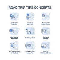 road trip tips lichtblauw concept iconen set. reizen plannen. auto avontuur adviezen idee dunne lijn kleur illustraties. geïsoleerde symbolen. bewerkbare streek. vector