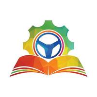 het rijden school- logo ontwerp. stuurinrichting wiel met tand en boek icoon. vector