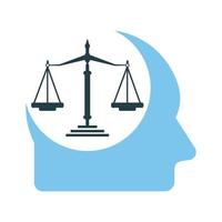 balans in de menselijk hoofd logo concept. hoofd icoon met een gerechtigheid gewicht schaal vector. vector