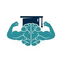 diploma uitreiking pet en hersenen vector logo ontwerp. onderwijs hersenen met sterk dubbele biceps.