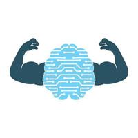 sterk technisch hersenen vector logo ontwerp. sterk hersenen verbinding met sterk biceps.