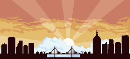 pixel art stad achtergrond bij zonsondergang met gebouwen, constructies, brug en bewolkte hemel voor 8bit game vector