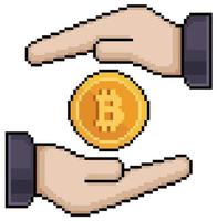 pixel kunst handen Holding bitcoin vector icoon voor 8 bit spel Aan wit achtergrond