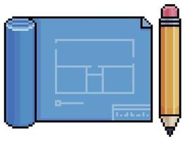 pixel kunst papier met bouwkundig ontwerp en potlood vector icoon voor 8 bit spel Aan wit achtergrond