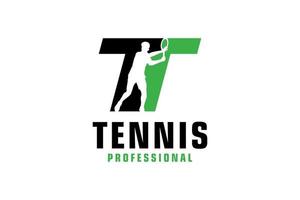 letter t met tennisspeler silhouet logo ontwerp. vectorontwerpsjabloonelementen voor sportteam of huisstijl. vector