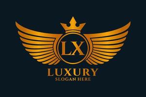 luxe Koninklijk vleugel brief lx kam goud kleur logo vector, zege logo, kam logo, vleugel logo, vector logo sjabloon.