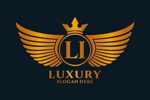 luxe Koninklijk vleugel brief li kam goud kleur logo vector, zege logo, kam logo, vleugel logo, vector logo sjabloon.