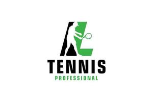 brief l met tennis speler silhouet logo ontwerp. vector ontwerp sjabloon elementen voor sport team of zakelijke identiteit.