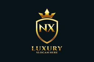 eerste nx elegant luxe monogram logo of insigne sjabloon met scrollt en Koninklijk kroon - perfect voor luxueus branding projecten vector