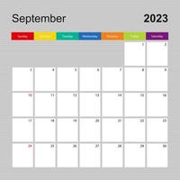 kalender bladzijde voor september 2023, muur ontwerper met kleurrijk ontwerp. week begint Aan zondag. vector