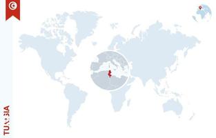 blauw wereld kaart met vergroten Aan tunesië. vector