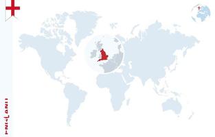 blauw wereld kaart met vergroten Aan Engeland. vector
