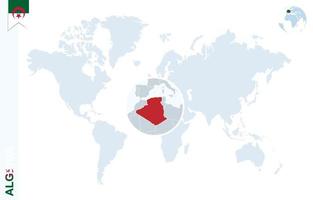 blauw wereld kaart met vergroten Aan Algerije. vector