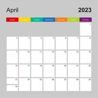 kalender bladzijde voor april 2023, muur ontwerper met kleurrijk ontwerp. week begint Aan zondag. vector