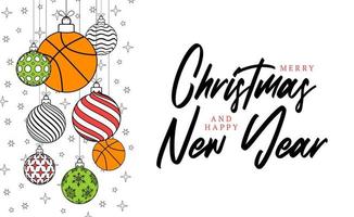 basketbal Kerstmis groet kaart in modieus lijn stijl. vrolijk Kerstmis en gelukkig nieuw jaar schets tekenfilm sport- spandoek. basketbal bal net zo een Kerstmis bal Aan wit achtergrond. vector illustratie.