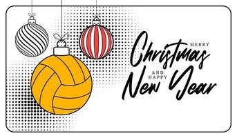 volleybal Kerstmis groet kaart in modieus lijn stijl. vrolijk Kerstmis en gelukkig nieuw jaar schets tekenfilm sport- spandoek. volleybal bal net zo een Kerstmis bal Aan wit achtergrond. vector illustratie.