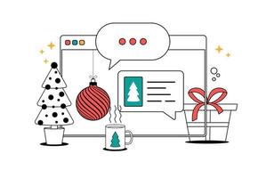 Kerstmis chatten Aan browser. babbelen berichten Aan computer online vector illustratie, lijn tekenfilm werkruimte met chatten bubbel meldingen, boom en geschenk