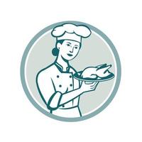 vrouw chef portie kip gebraden cirkel retro vector