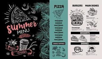 restaurant eten menu ontwerp. zomermenu, handgetekende illustraties. vector voedsel flyer.