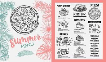 restaurant eten menu ontwerp. zomermenu, handgetekende illustraties. vector voedsel flyer.