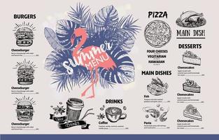 restaurant eten menu ontwerp. zomermenu, handgetekende illustraties. vector voedsel flyer.