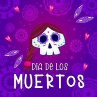 Muertos poster, dag dood met schedel Aan Purper achtergrond. halloween kostuum. tekenfilm vector illustratie. vakantie Muertos achtergrond. Mexico Catrina skelet poster.