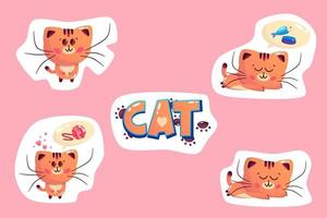 kawaii kat sticker reeks met vis, poot wirwar. vector gemakkelijk tekenfilm illustratie. grappig tekenfilm schattig karakter. dier kat gezicht.