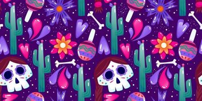 Muertos patroon met schedel. Mexico dag dood vakantie. bloemen schedel gezicht. bloemen naadloos achtergrond. halloween naadloos patroon. Purper achtergrond vector