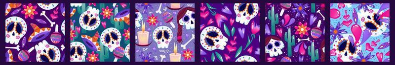 Muertos patroon met schedel set. Mexico dag dood vakantie. bloemen schedel gezicht. bloemen naadloos achtergrond. halloween en traditioneel festival naadloos patroon. vector